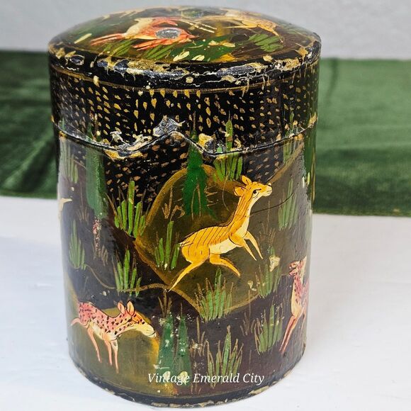 Kashmir India Forest Scene Hand Painted Lacquered Lidded Canister Leaping Deer - Picture 4 of 12